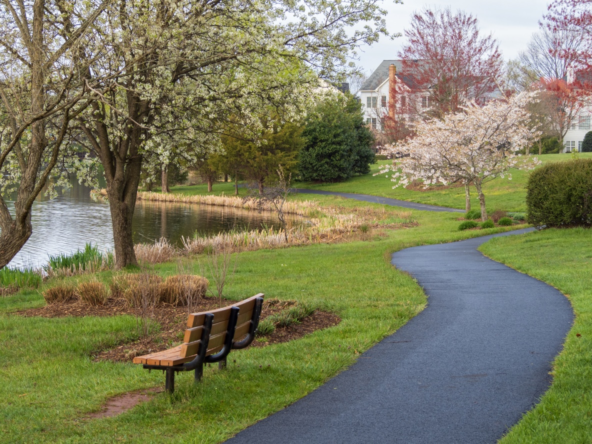 A bench beside a pathway along a pond in a US neighborhood in Ashburn, Virginia in spring time.